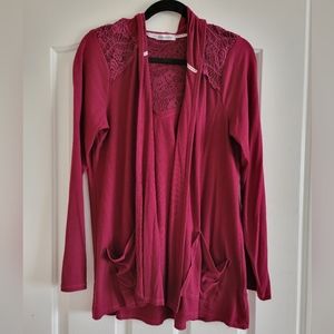 Plus Size 1 Maurices Open hooded cardigan with lace and pocket details. Burgundy
